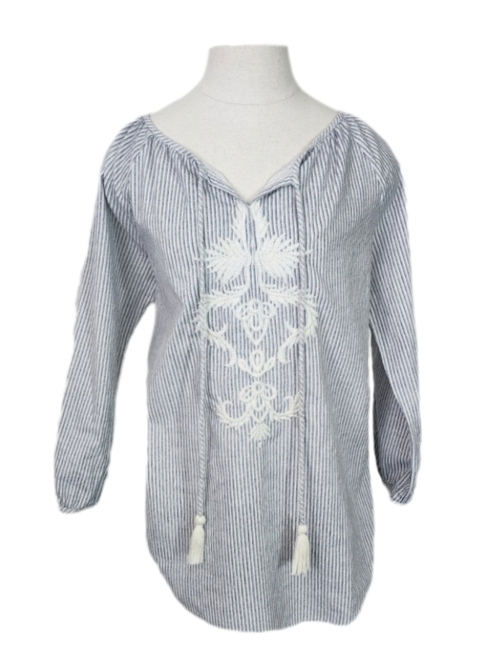 Zara Basic Top Striped Embroidered Boho Peasant Blue Size S